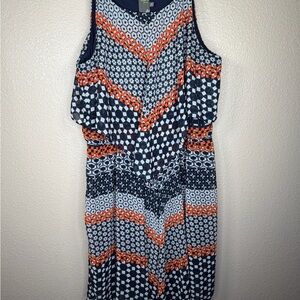 Taylor Navy and Orange Geometric Midi Sz 20W Bohemian Abstract Flowy